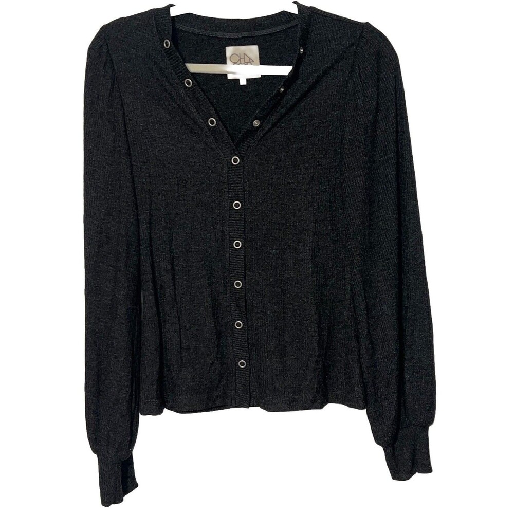 Chaser Snap Button Shirt Size Small Charcoal Gray Puff Sleeves Ribbed